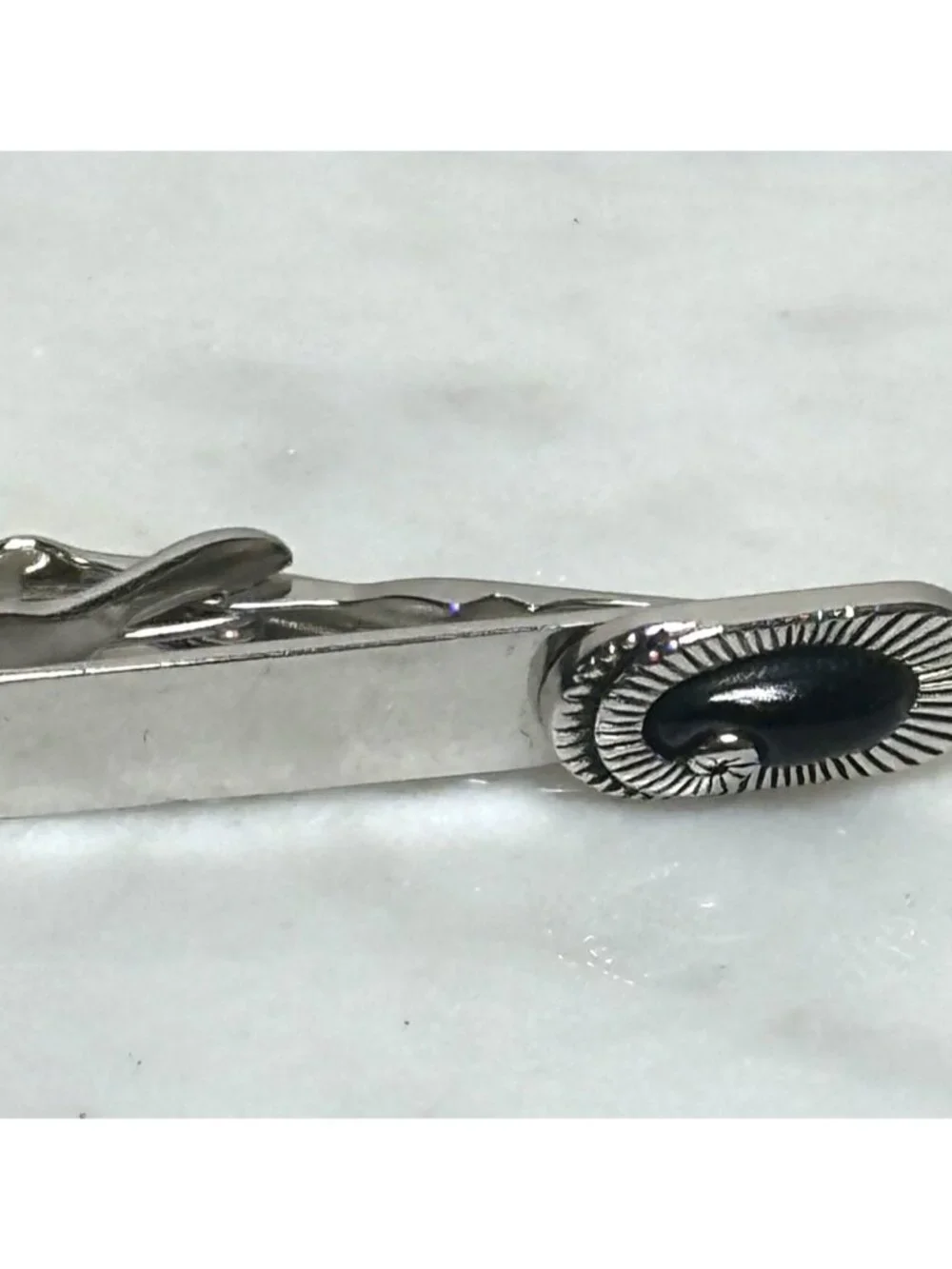 Vintage Swank Silver Tone Tie Clip Black Stone Minimal Mid Century